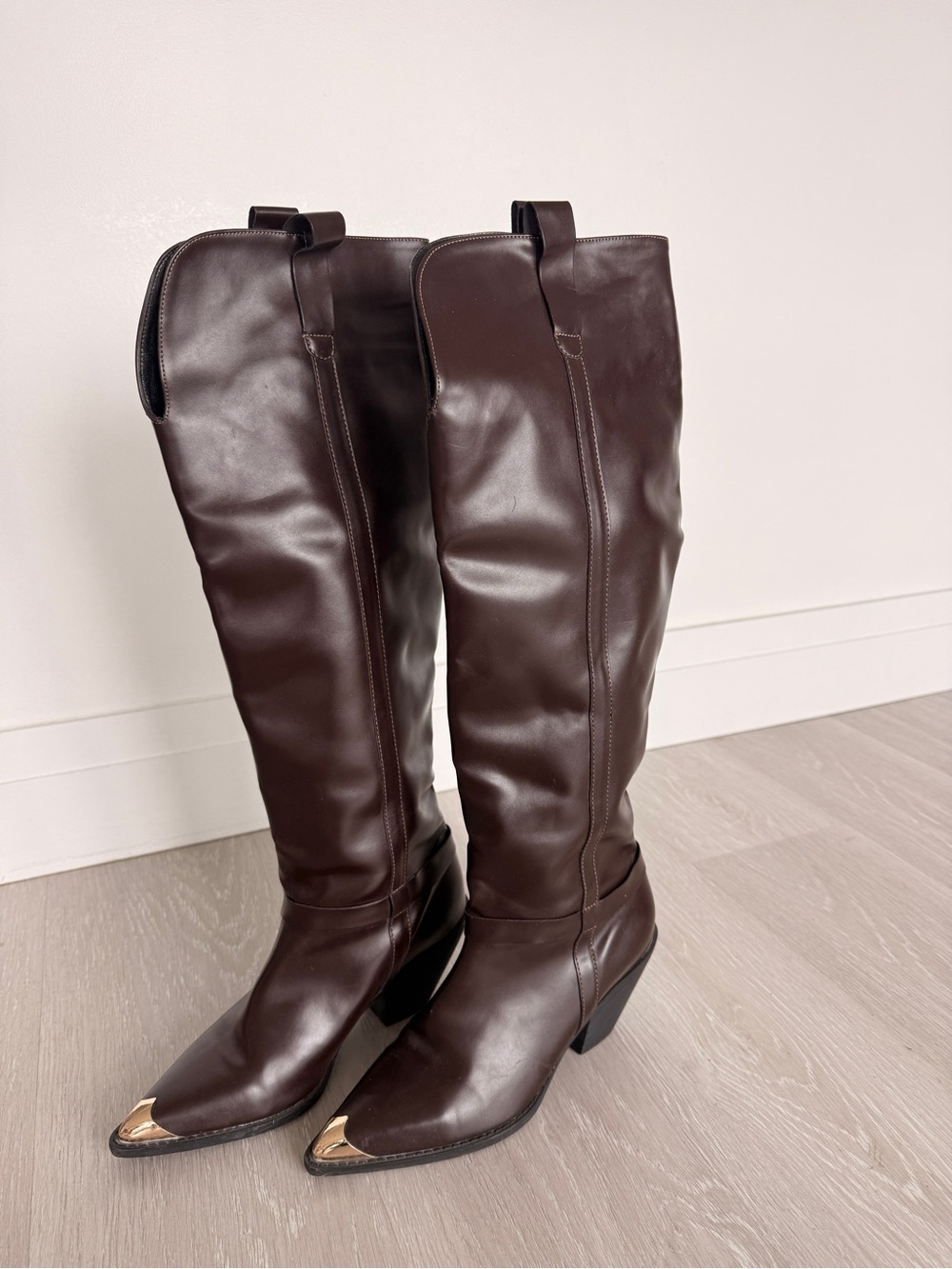 Brown Leather Knee-High Boots with Gold Toe Caps - Picture 5 of 6